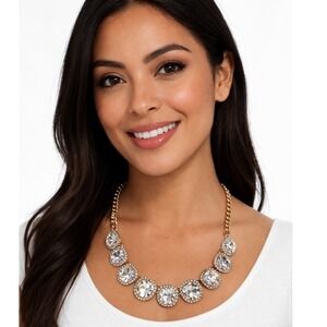 Gold Tone Clear Crystal Rhinestone Halo Bib Statement Necklace Adjustable 103-42